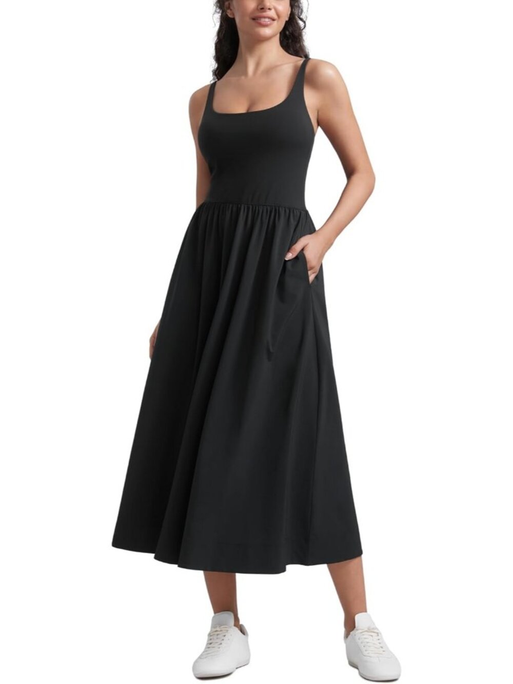 Women's Black Sleeveless Square Neck Maxi Dress Flowy Travel Pockets Outfits